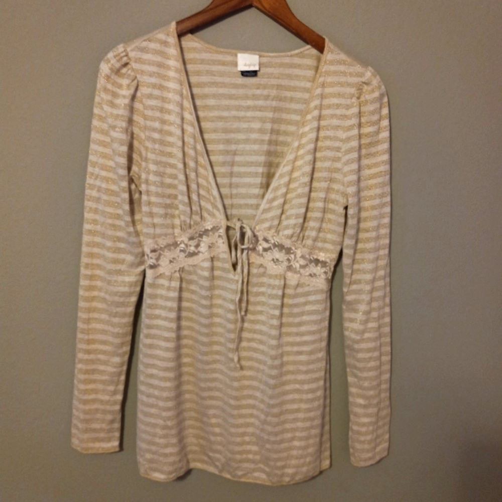 DayTrip L Shimmering Gold Striped Long Sleeved Tie Front Top